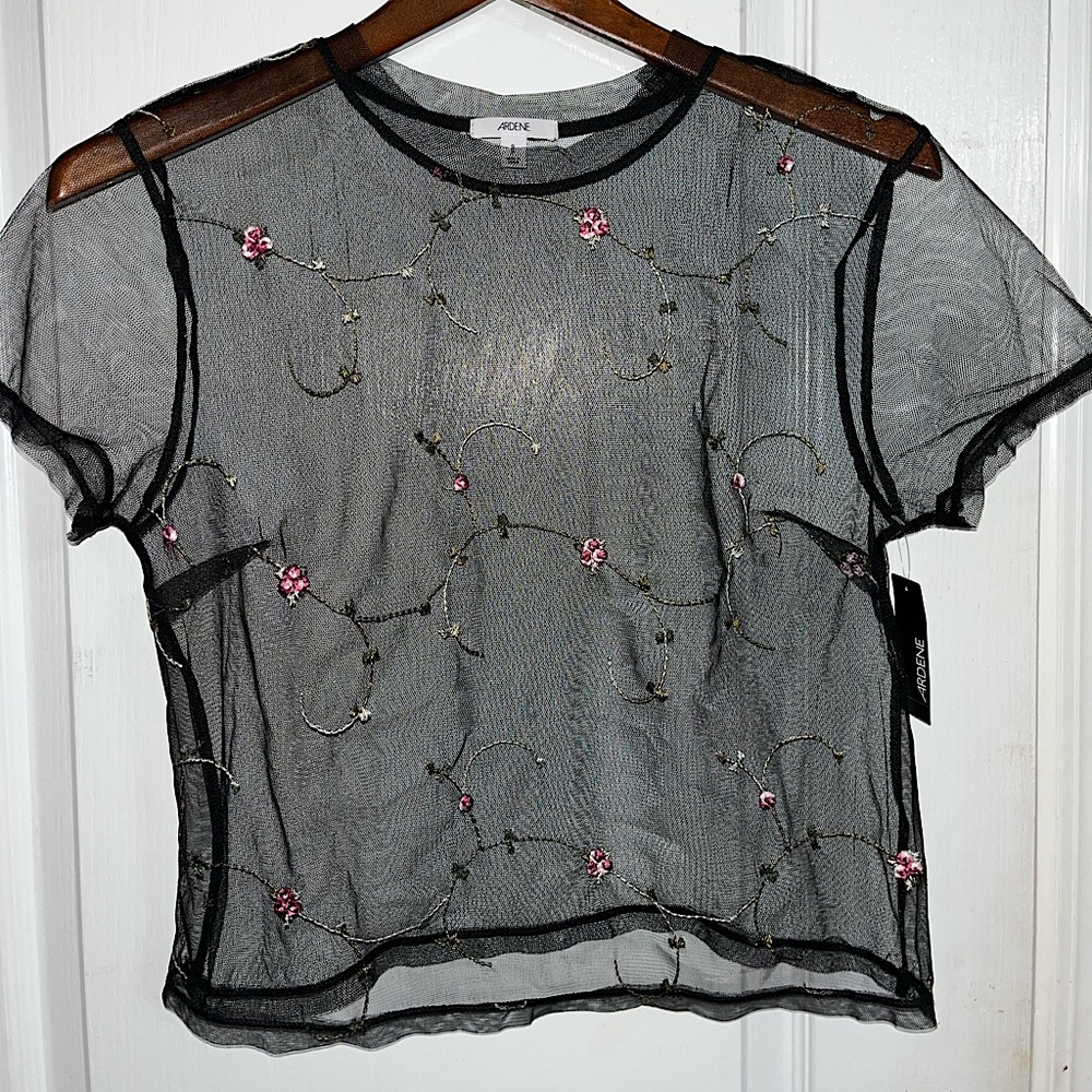 Ardene Cute Black See Through Mesh Crop Top with Floral Embroidery — Small
